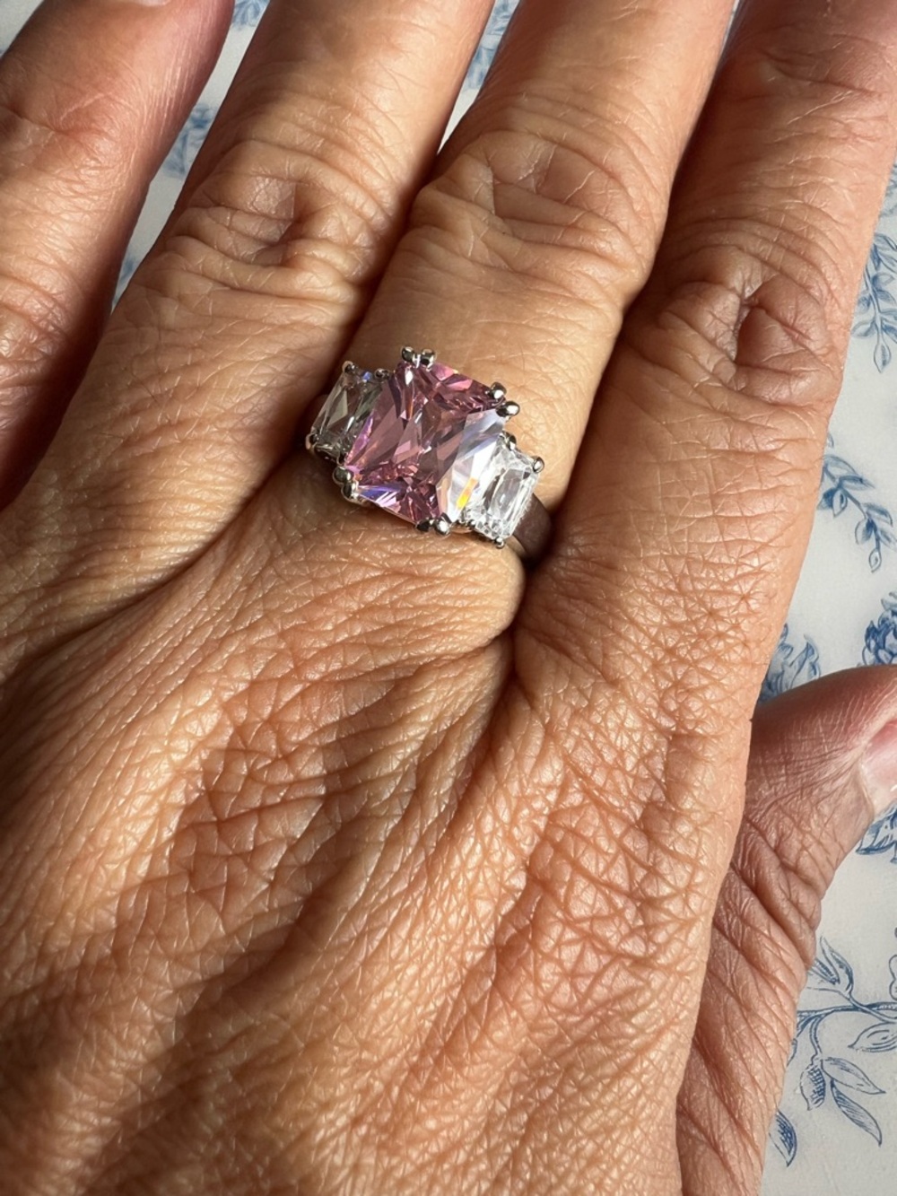 Silver Tone Pink Emerald Cut CZ Statement Ring Size 9 #99
